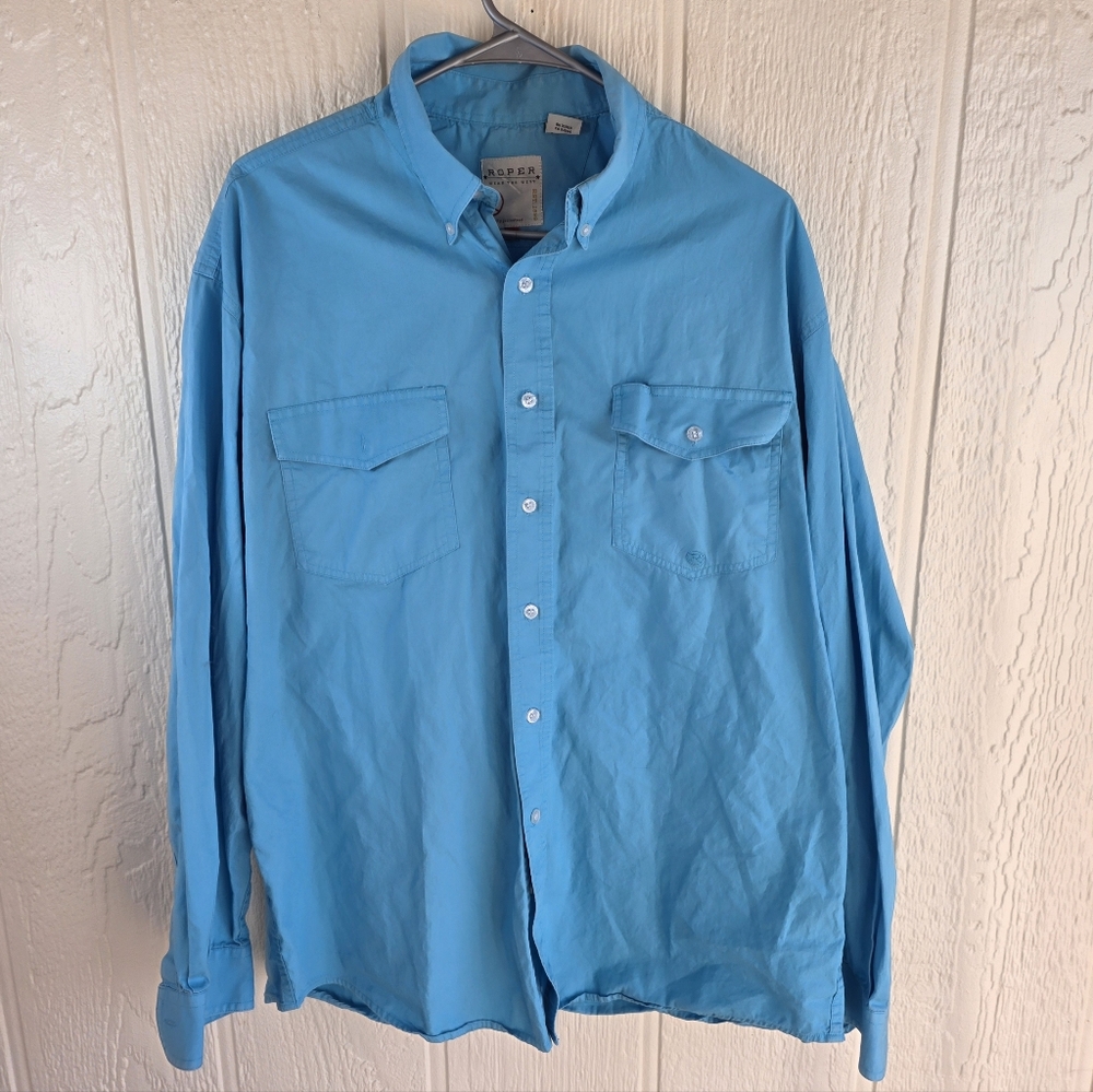 Men's Roper Turquoise Blue Long-Sleeve Button-Down Shirt, Size Large